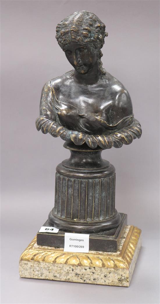 A bronze metal bust of Clytie, on marble plinth height 42cm